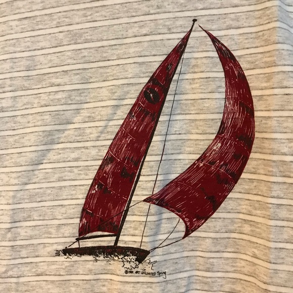 Vintage 90s Sailboat Boat Gray Striped USA T Shirt - Picture 3 of 6